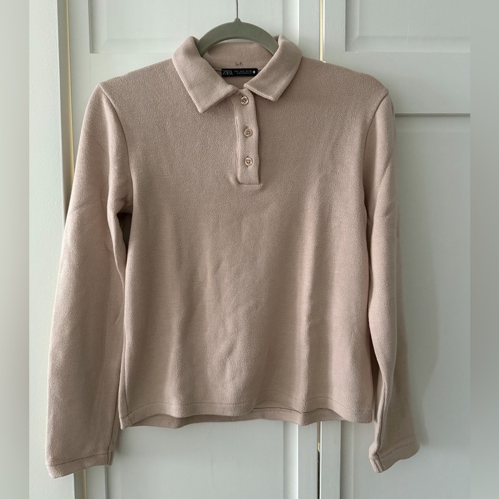 Zara Knit Polo Top S | Beige Cropped Long Sleeve, Minimalist Neutral